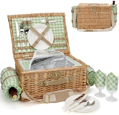 Un panier de pique-nique en cire avec couvercle et poignée, un corps tissé robuste avec une doublure lavable pour Pâques, la fête des mères, le camping en plein air.