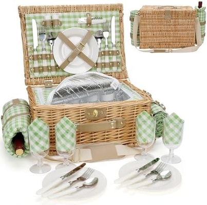 Un panier de pique-nique en cire avec couvercle et poignée, un corps tissé robuste avec une doublure lavable pour Pâques, la fête des mères, le camping en plein air.