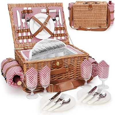 Un panier de pique-nique en cire avec couvercle et poignée, un corps tissé robuste avec une doublure lavable pour Pâques, la fête des mères, le camping en plein air.