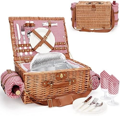 Un panier de pique-nique en cire avec couvercle et poignée, un corps tissé robuste avec une doublure lavable pour Pâques, la fête des mères, le camping en plein air.