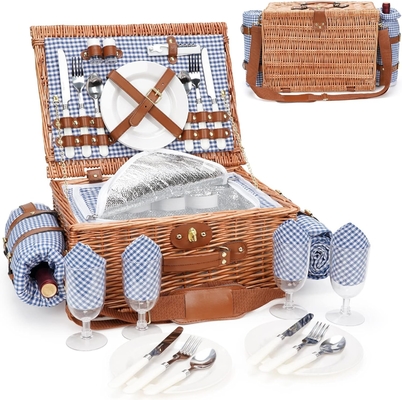 Un panier de pique-nique en cire avec couvercle et poignée, un corps tissé robuste avec une doublure lavable pour Pâques, la fête des mères, le camping en plein air.