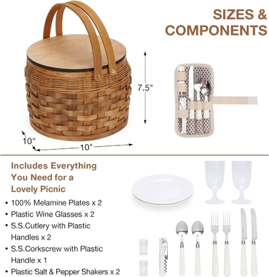 Petits paniers de pique-nique avec refroidisseur isolé, panier de pique-nique pour 2 personnes, panier de vigne en copeaux de bois, y compris 2 ensembles