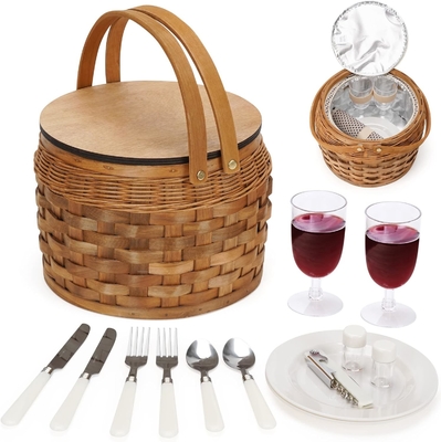 Petits paniers de pique-nique avec refroidisseur isolé, panier de pique-nique pour 2 personnes, panier de vigne en copeaux de bois, y compris 2 ensembles