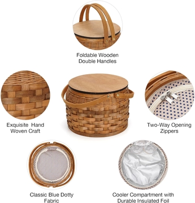 Petits paniers de pique-nique avec refroidisseur isolé, panier de pique-nique pour 2 personnes, panier de vigne en copeaux de bois, y compris 2 ensembles