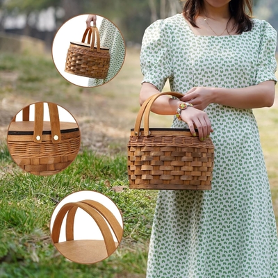 Petits paniers de pique-nique avec refroidisseur isolé, panier de pique-nique pour 2 personnes, panier de vigne en copeaux de bois, y compris 2 ensembles