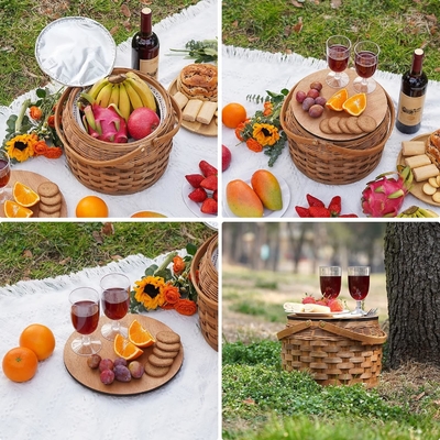 Petits paniers de pique-nique avec refroidisseur isolé, panier de pique-nique pour 2 personnes, panier de vigne en copeaux de bois, y compris 2 ensembles