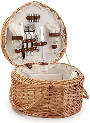 Panier de pique-nique pour 2 pique-nique en forme de cœur vide tissé en osier en saule Sac à dos à dos en bois en bois avec poignée de couvercle