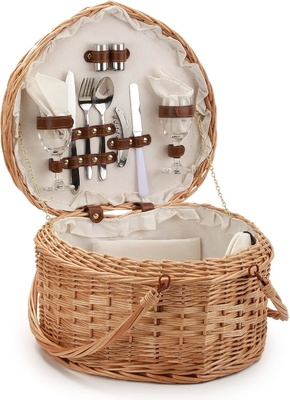 Panier de pique-nique pour 2 pique-nique en forme de cœur vide tissé en osier en saule Sac à dos à dos en bois en bois avec poignée de couvercle