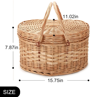 Panier de pique-nique pour 2 pique-nique en forme de cœur vide tissé en osier en saule Sac à dos à dos en bois en bois avec poignée de couvercle