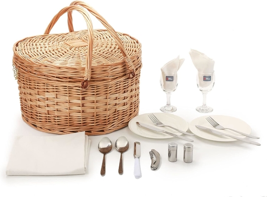 Panier de pique-nique pour 2 pique-nique en forme de cœur vide tissé en osier en saule Sac à dos à dos en bois en bois avec poignée de couvercle