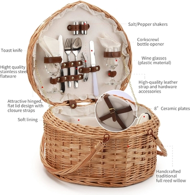 Panier de pique-nique pour 2 pique-nique en forme de cœur vide tissé en osier en saule Sac à dos à dos en bois en bois avec poignée de couvercle