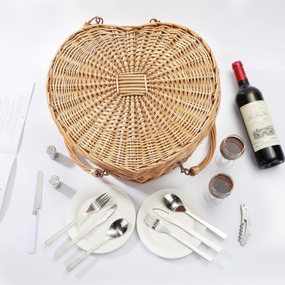 Panier de pique-nique pour 2 pique-nique en forme de cœur vide tissé en osier en saule Sac à dos à dos en bois en bois avec poignée de couvercle