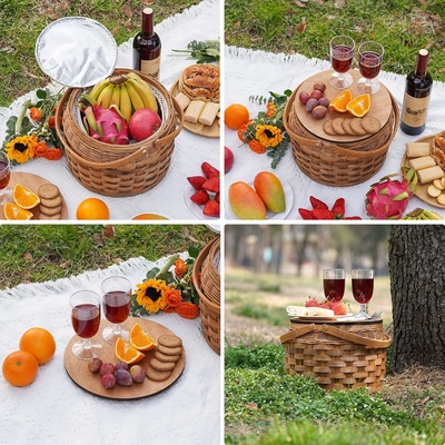 Petits paniers de pique-nique avec refroidisseur isolé, panier de pique-nique pour deux, panier de vigne en bois,