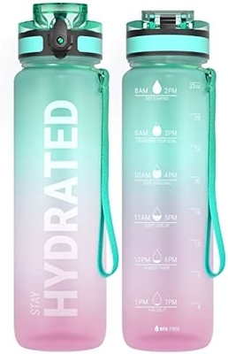 Bouteille d'eau sportive motivationnelle de 32 oz avec horodatage - Temps de boisson - Tritan, sans BPA, bouche large étanche,