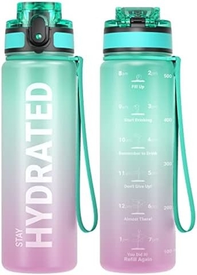 Bouteille d'eau sportive motivationnelle de 32 oz avec horodatage - Temps de boisson - Tritan, sans BPA, bouche large étanche,