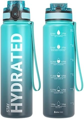 Bouteille d'eau sportive motivationnelle de 32 oz avec horodatage - Temps de boisson - Tritan, sans BPA, bouche large étanche,