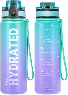 Bouteille d'eau sportive motivationnelle de 32 oz avec horodatage - Temps de boisson - Tritan, sans BPA, bouche large étanche,