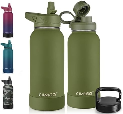 Bouteille d'eau isolée de 32 oz avec paille, étain inoxydable, tasse d'eau sportive avec 3 couvercles (paille, bec et poignée)