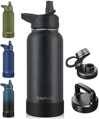 Bouteille d'eau isolée de 32 oz avec paille, étain inoxydable, tasse d'eau sportive avec 3 couvercles (paille, bec et poignée)