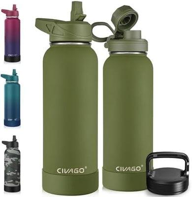 Bouteille d'eau isolée de 32 oz avec paille, étain inoxydable, tasse d'eau sportive avec 3 couvercles (paille, bec et poignée)