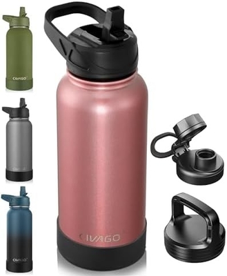 Bouteille d'eau isolée de 32 oz avec paille, étain inoxydable, tasse d'eau sportive avec 3 couvercles (paille, bec et poignée)
