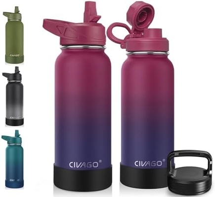 Bouteille d'eau isolée de 32 oz avec paille, étain inoxydable, tasse d'eau sportive avec 3 couvercles (paille, bec et poignée)
