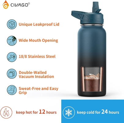 Bouteille d'eau isolée de 32 oz avec paille, étain inoxydable, tasse d'eau sportive avec 3 couvercles (paille, bec et poignée)