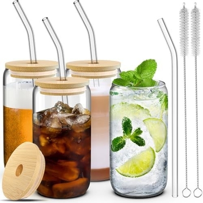 4 tasses en verre avec couvercles et pailles 16 oz, tasse à boire, tasse de café glacé avec couvercle en bambou,