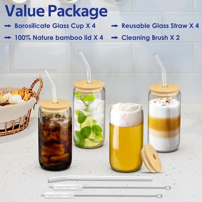 4 tasses en verre avec couvercles et pailles 16 oz, tasse à boire, tasse de café glacé avec couvercle en bambou,