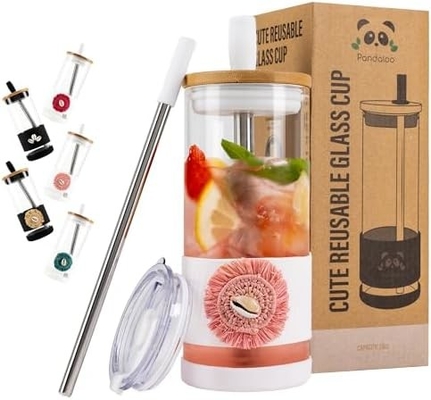 Coupe en verre avec couvercle et paille -20 Fl Oz- Taille parfaite Coupe de café glacé - Coupe de smoothie avec bambou