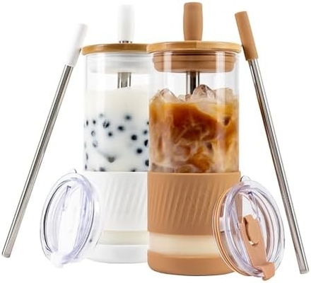 Coupe en verre avec couvercle et paille -20 Fl Oz- Taille parfaite Coupe de café glacé - Coupe de smoothie avec bambou