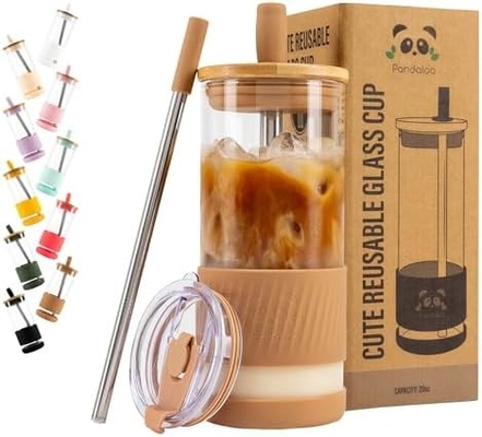 Coupe en verre avec couvercle et paille -20 Fl Oz- Taille parfaite Coupe de café glacé - Coupe de smoothie avec bambou