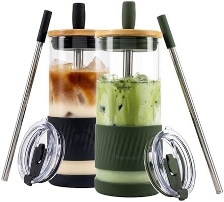 Coupe en verre avec couvercle et paille -20 Fl Oz- Taille parfaite Coupe de café glacé - Coupe de smoothie avec bambou