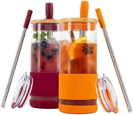 Coupe en verre avec couvercle et paille -20 Fl Oz- Taille parfaite Coupe de café glacé - Coupe de smoothie avec bambou