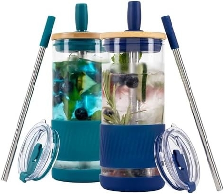 Coupe en verre avec couvercle et paille -20 Fl Oz- Taille parfaite Coupe de café glacé - Coupe de smoothie avec bambou