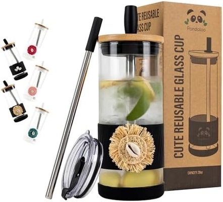 Coupe en verre avec couvercle et paille -20 Fl Oz- Taille parfaite Coupe de café glacé - Coupe de smoothie avec bambou