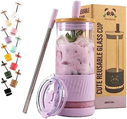 Coupe en verre avec couvercle et paille -20 Fl Oz- Taille parfaite Coupe de café glacé - Coupe de smoothie avec bambou