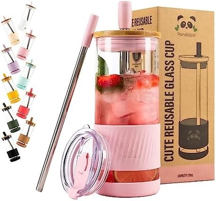 Coupe en verre avec couvercle et paille -20 Fl Oz- Taille parfaite Coupe de café glacé - Coupe de smoothie avec bambou