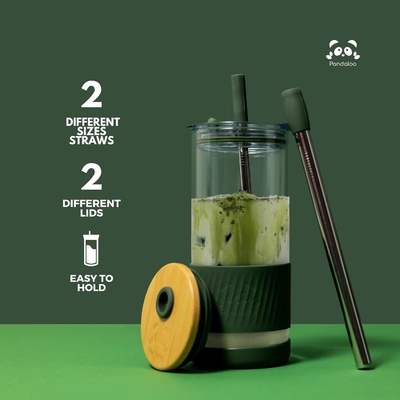 Coupe en verre avec couvercle et paille -20 Fl Oz- Taille parfaite Coupe de café glacé - Coupe de smoothie avec bambou