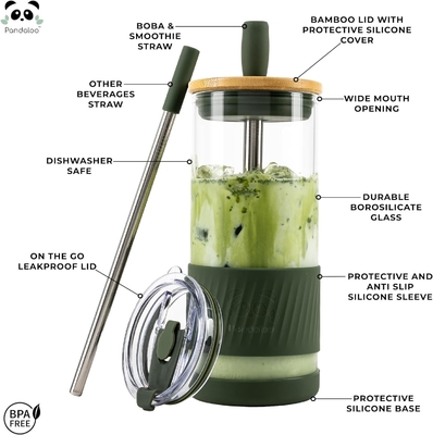 Coupe en verre avec couvercle et paille -20 Fl Oz- Taille parfaite Coupe de café glacé - Coupe de smoothie avec bambou