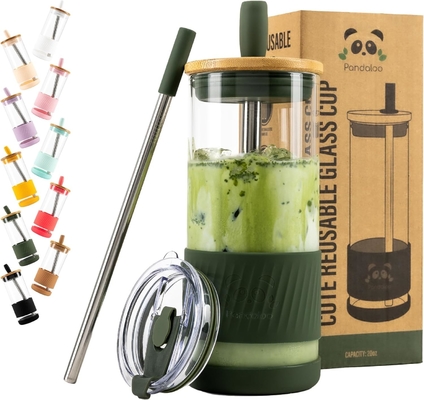 Coupe en verre avec couvercle et paille -20 Fl Oz- Taille parfaite Coupe de café glacé - Coupe de smoothie avec bambou