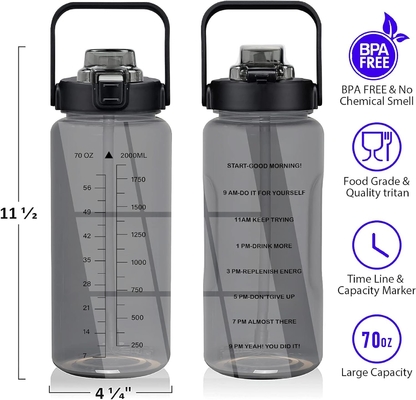 Une bouteille d'eau d'un demi-gallon avec une manche, une bouteille d'eau inspirante avec une paille et un horodatage.