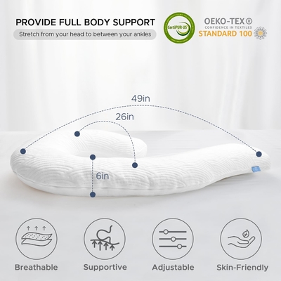 Coussin de corps pour adultes - Coussins de lit longs doux insert pour dormir - mousse de mémoire déchiquetée et couvercle lavable amovible