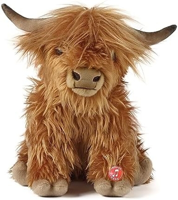 Animal bourré brun. Jouet de ferme avec son. Jouet doux cadeau pour les enfants. Naturel en peluche écologique.