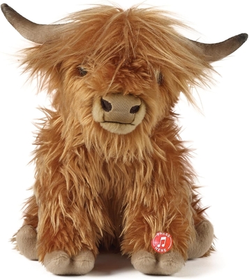 Animal bourré brun. Jouet de ferme avec son. Jouet doux cadeau pour les enfants. Naturel en peluche écologique.