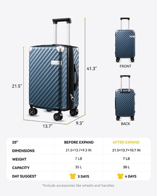 Carry On Luggage 22x14x9 Airline Approuvé - 35L Polycarbonate Expandable Valiette à coque dure avec roues tournantes