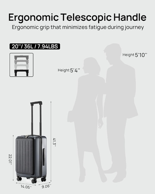 Bagages 22 X 14 X 9 Compagnie aérienne approuvée, bagages de 20 pouces avec compartiment portable avant, roues à double rotor, PC à face dure