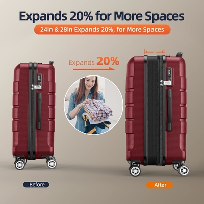 Ensemble de bagages élargi PC + ABS Durable valise à deux roues TSA verrouillage 3pcs vin rouge