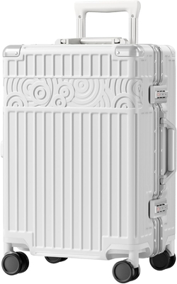 Bagage sans fermeture à glissière avec 8 roues 20 pouces Valide à coque dure avec PC + ABS TSA Lock 4 coin métallique Blanc