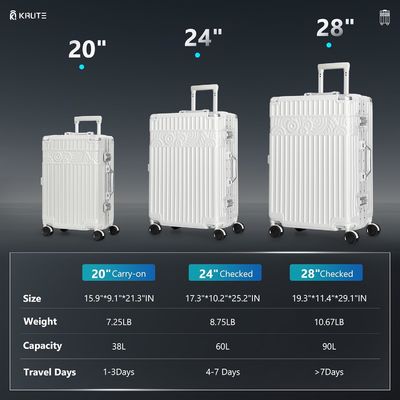 Bagage sans fermeture éclair avec 4 roues, valise rigide de 20 pouces avec PC+ABS, serrure TSA, 4 coins métalliques, blanc